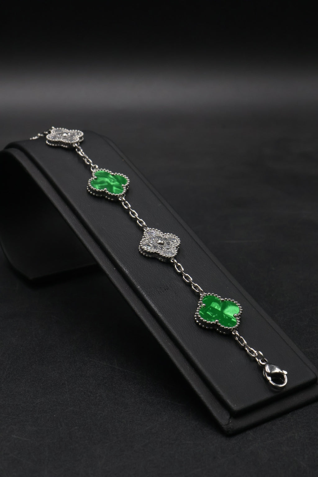 Pulsera Trébol 15 mm Mármol Verde con Zirconias