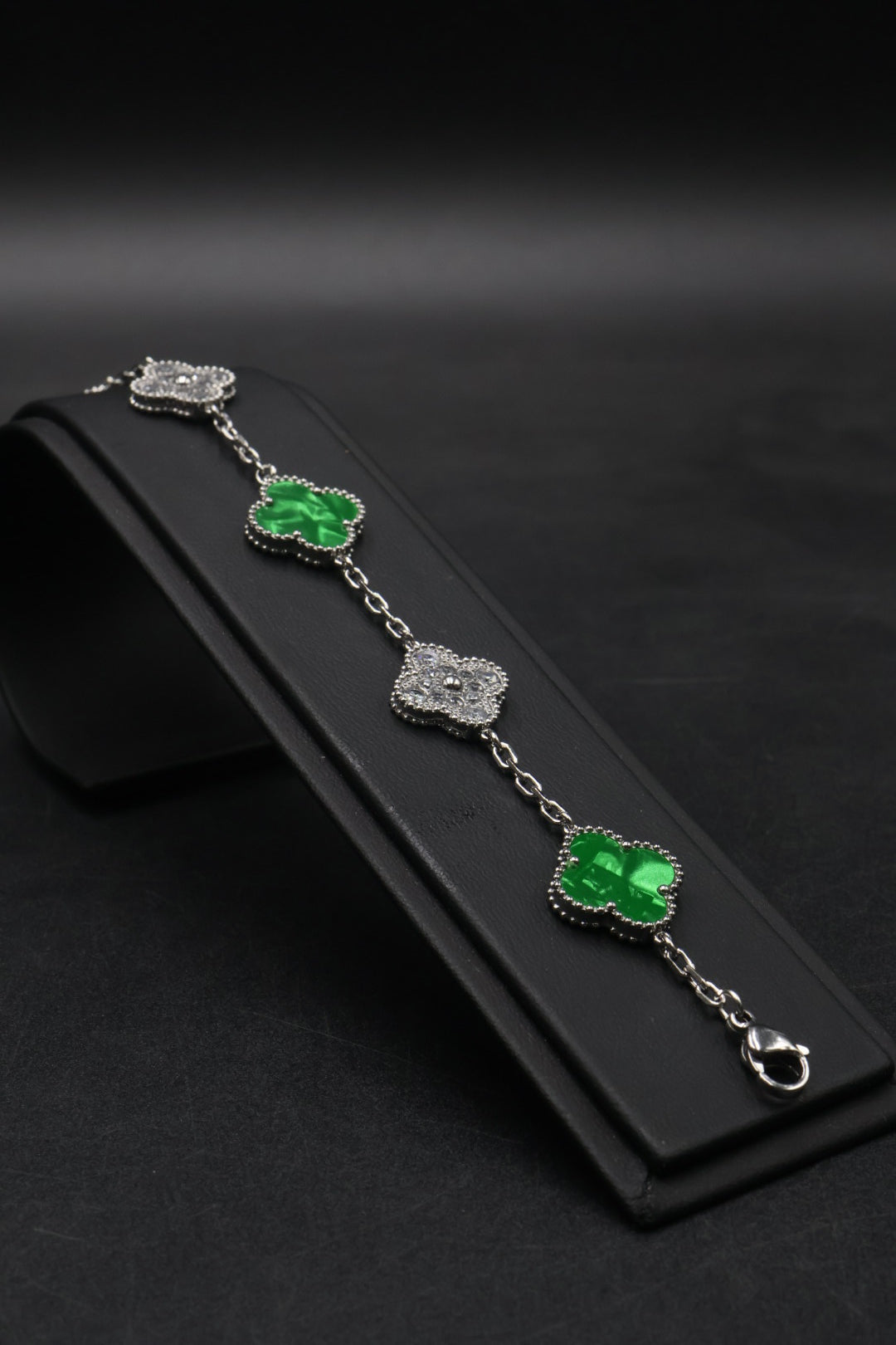 Pulsera Trébol 15 mm Mármol Verde con Zirconias