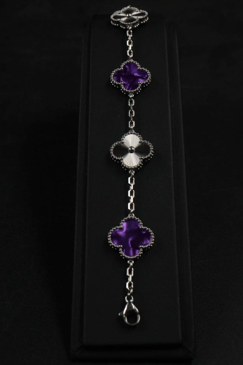 Pulsera Trébol Morado Mármol- Láser Plateado.