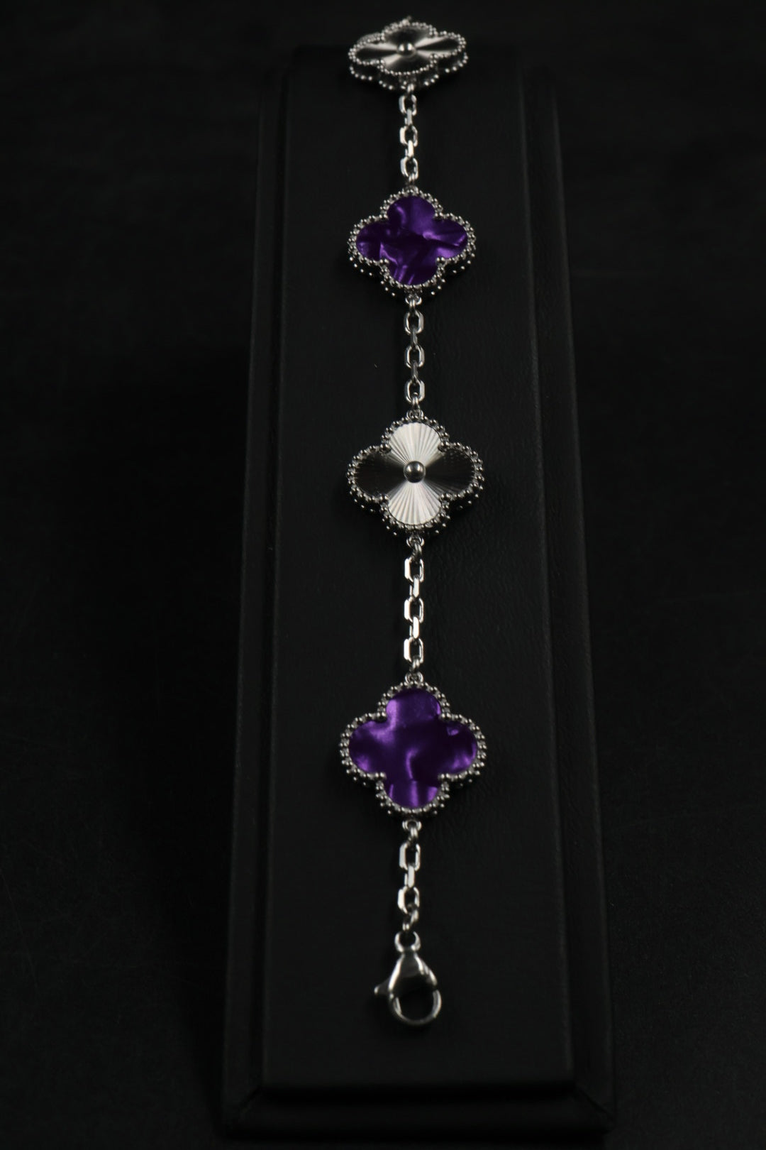Pulsera Trébol Morado Mármol- Láser Plateado.