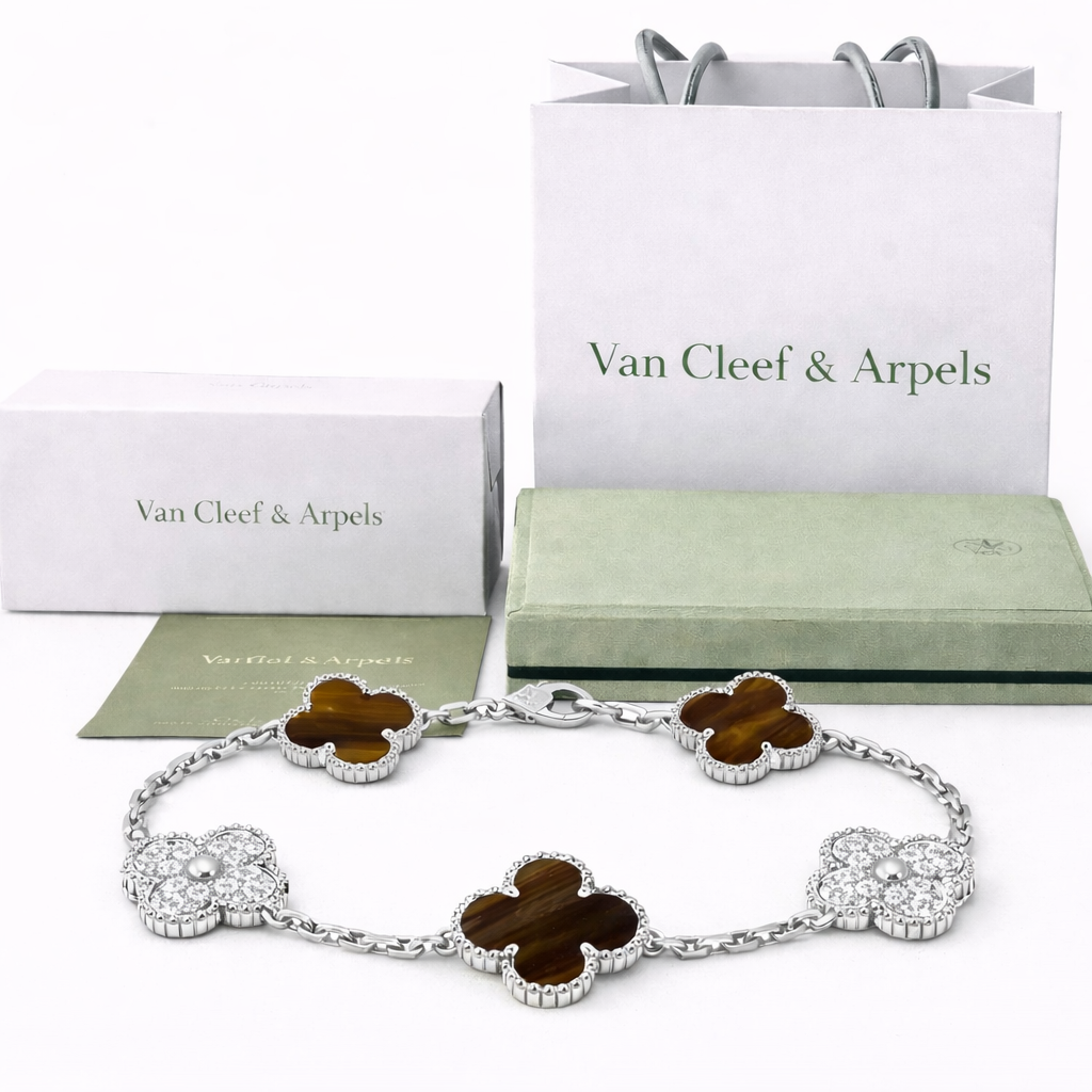 Pulsera VCA Plata .925 1:1 Vintage Alhambra, 5 Motivos Ojo de Tigre - Diamonds.