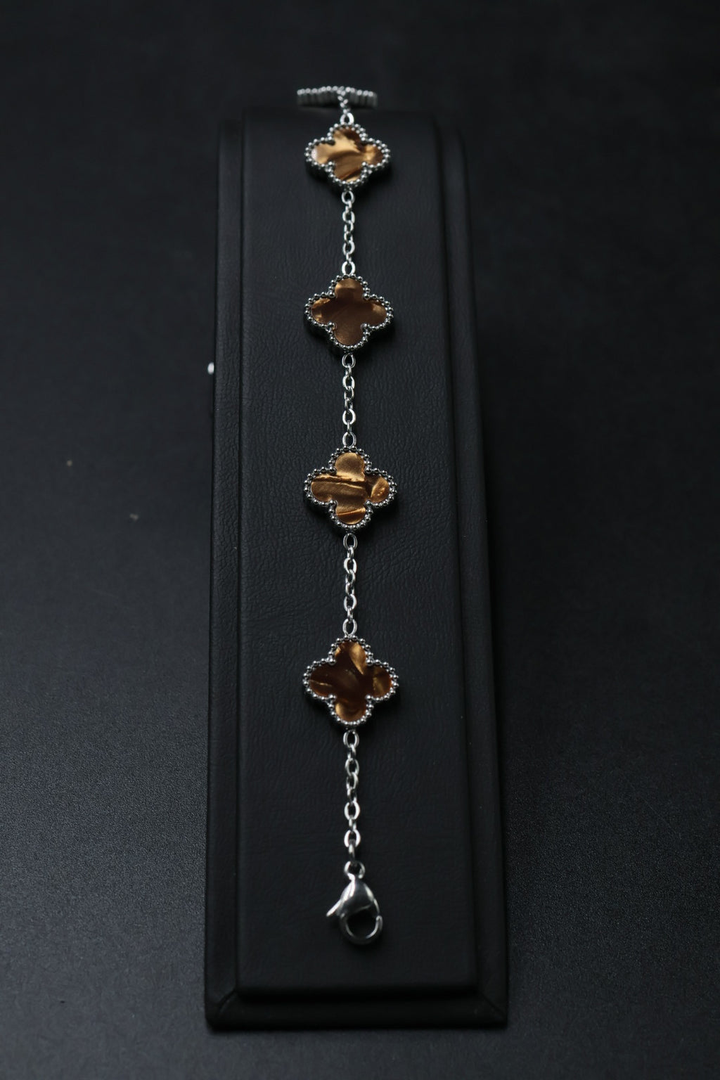 Pulsera Plateada Trébol 13 mm Mármol - Café.