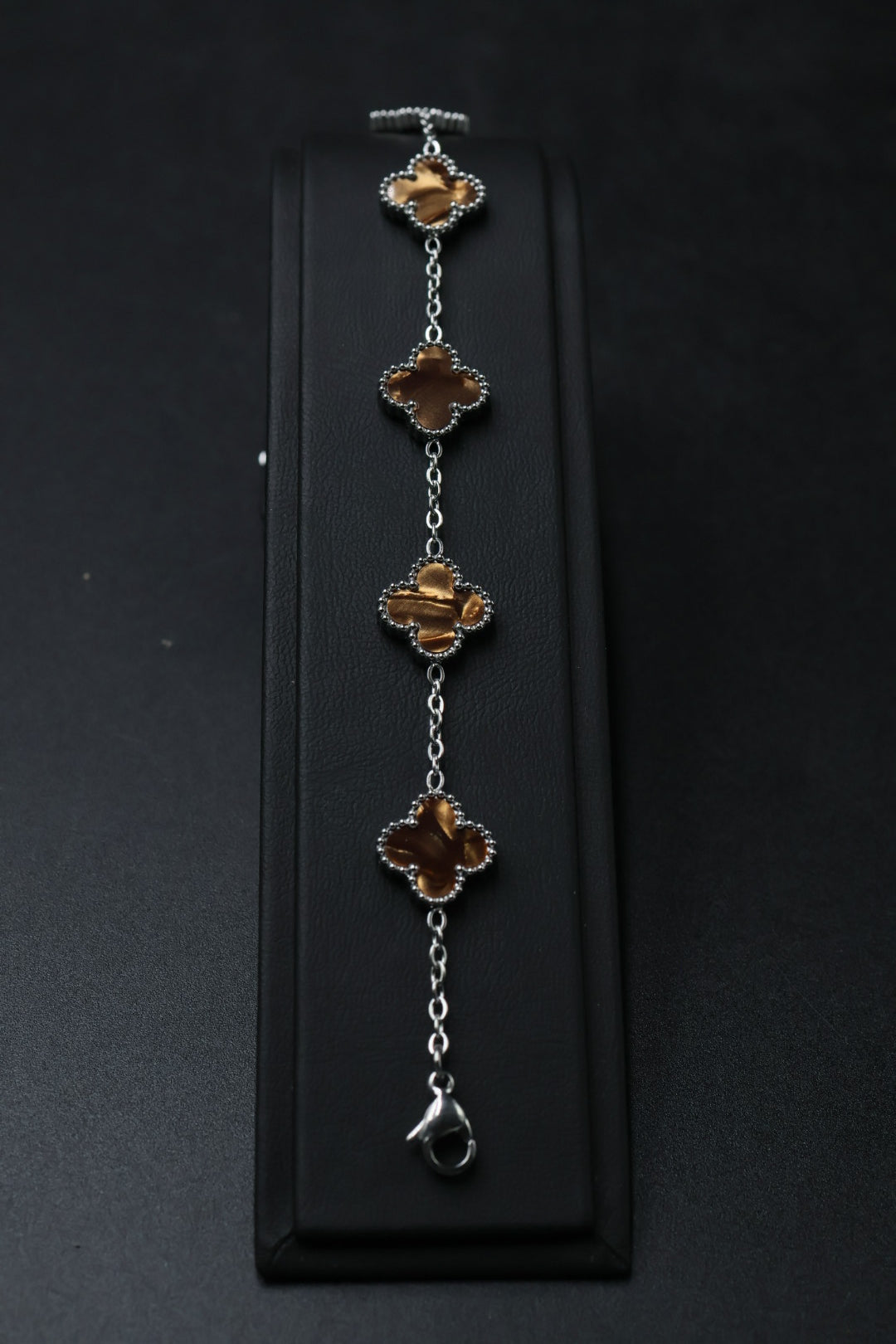 Pulsera Plateada Trébol 13 mm Mármol - Café.