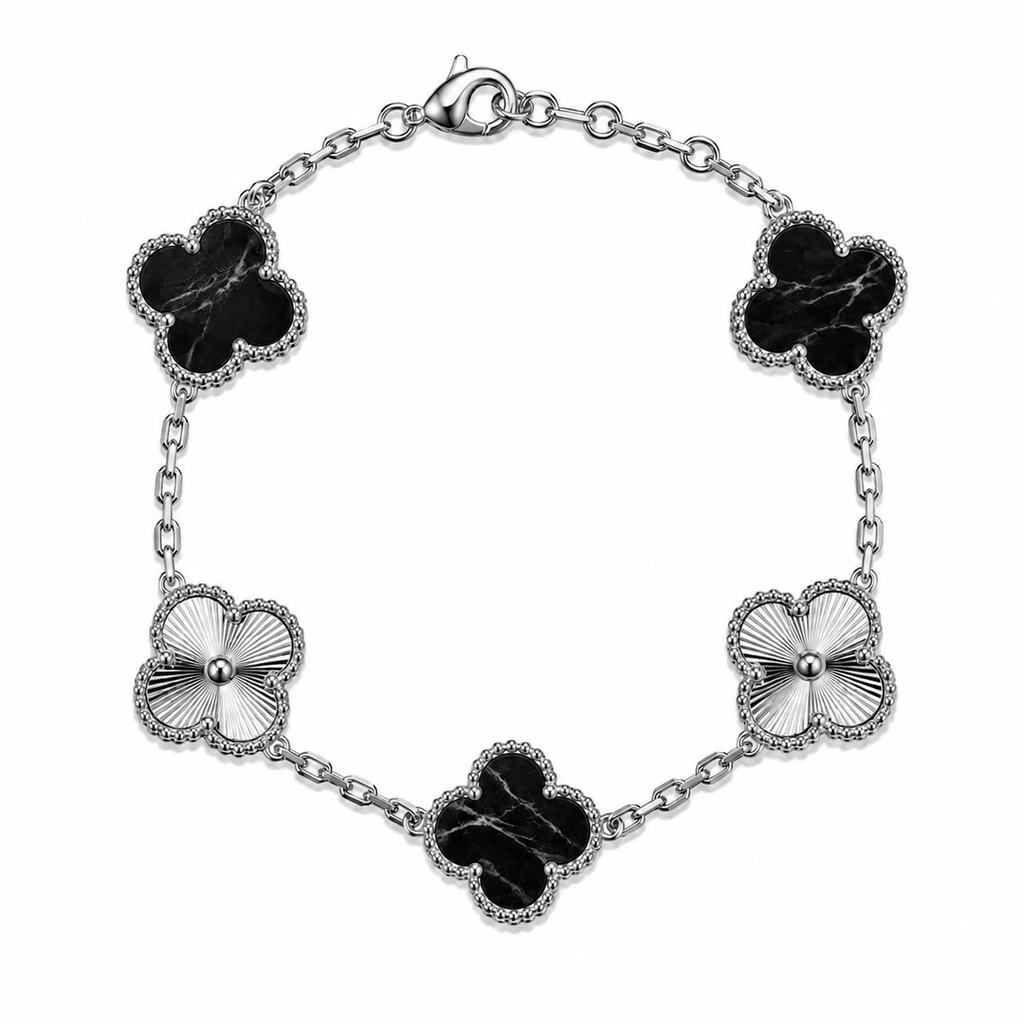 Pulsera Trébol Negro Mármol- Láser Plateado.
