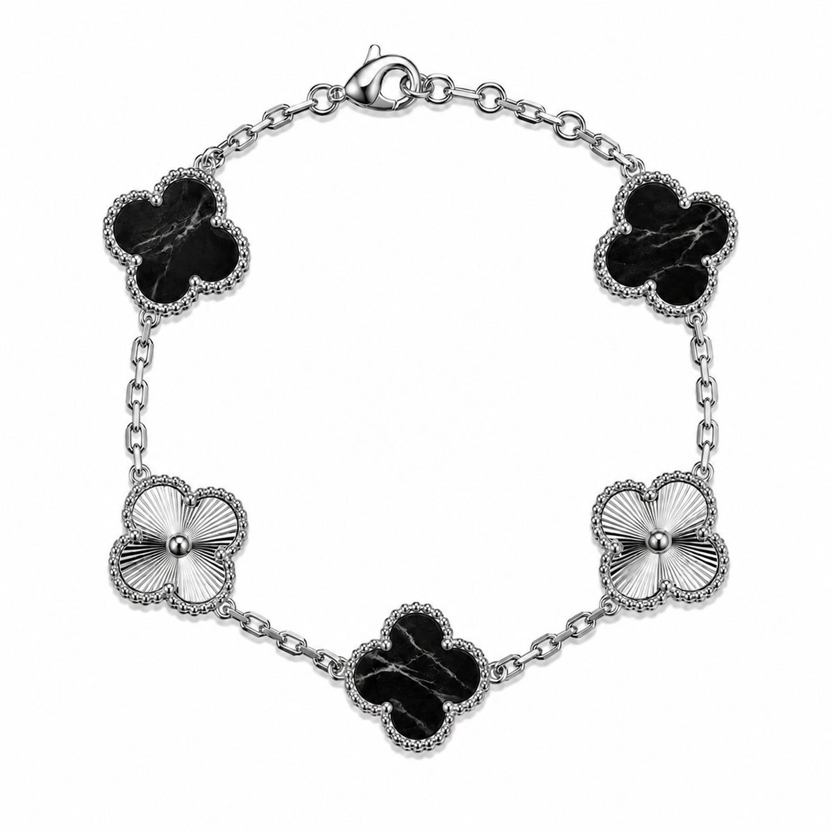 Pulsera Trébol Negro Mármol- Láser Plateado.