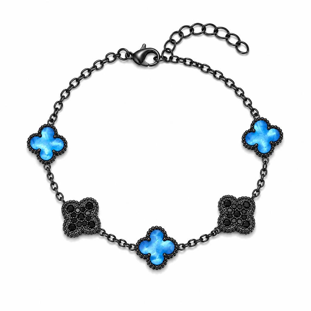 Pulsera Trébol Azul Rey Mármol- Zirconias Negras.