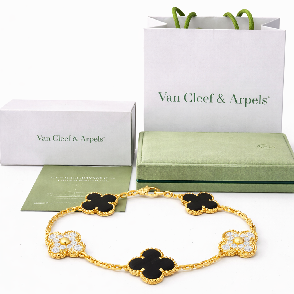 Pulsera VCA Plata .925 1:1 Vintage Alhambra, 5 Onyx - Diamonds / Gold