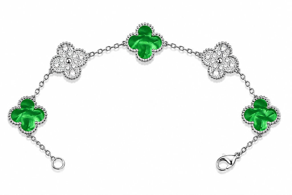 Pulsera Trébol 15 mm Mármol Verde con Zirconias