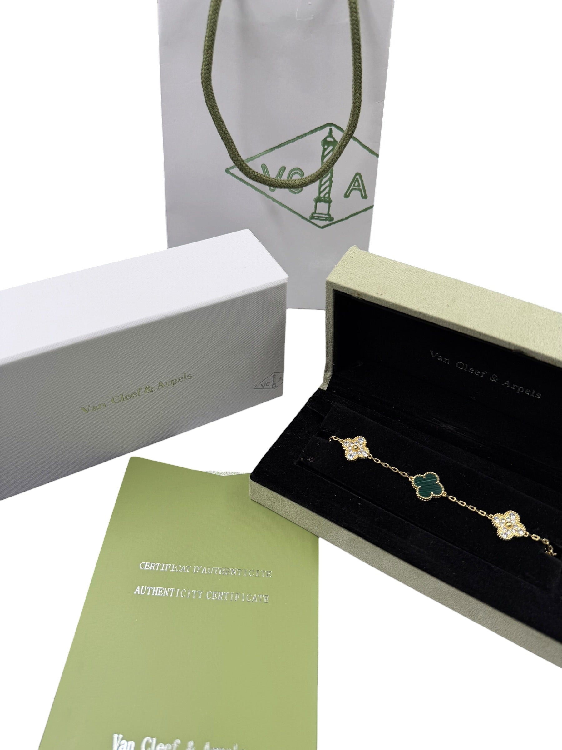 Pulsera VCA Plata .925 1:1 Vintage Alhambra, 5 Malaquita - Diamonds / Gold