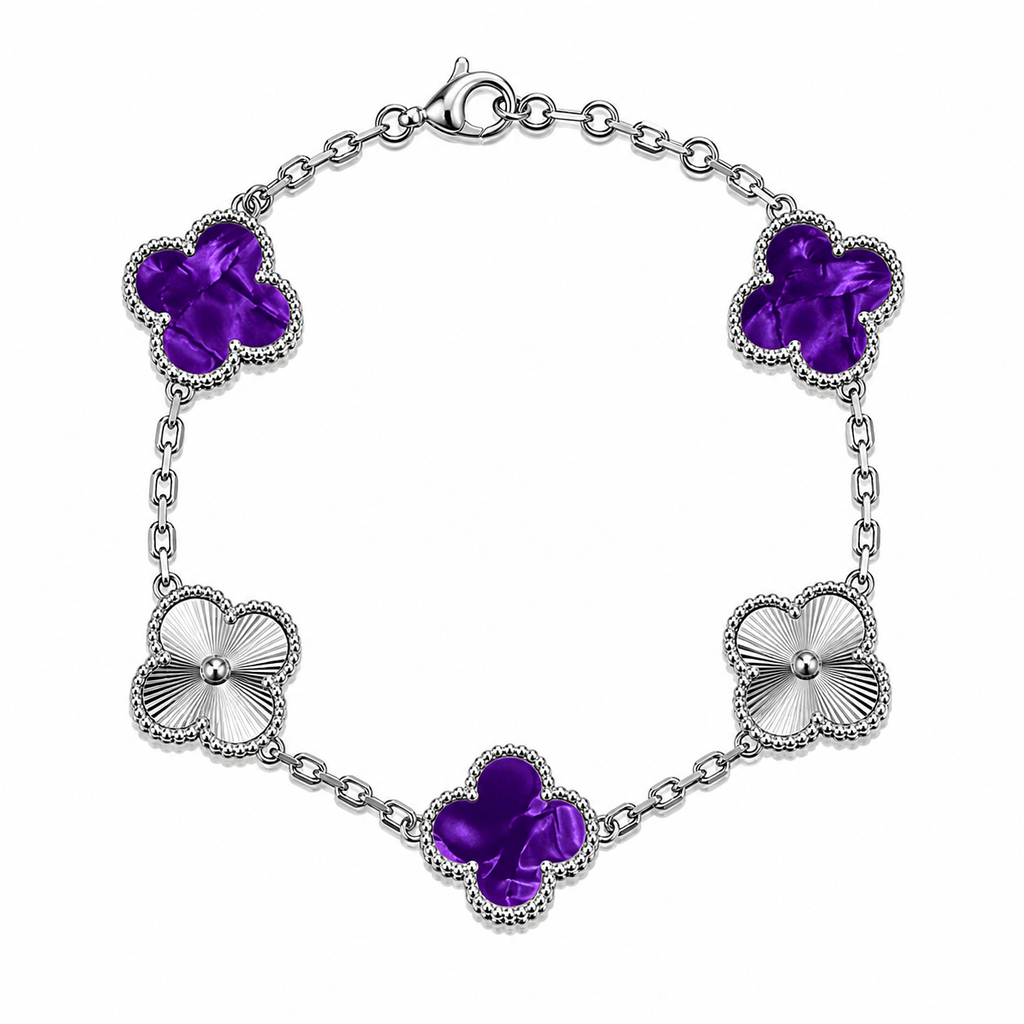 Pulsera Trébol Morado Mármol- Láser Plateado.