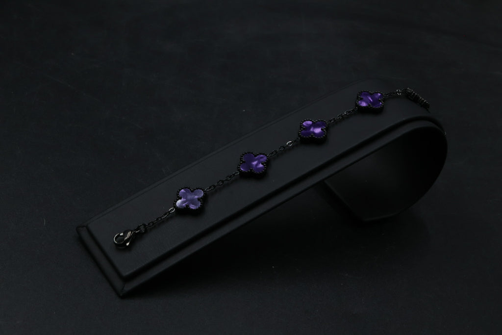 Pulsera Negra Trébol 13 mm Mármol - Morado.
