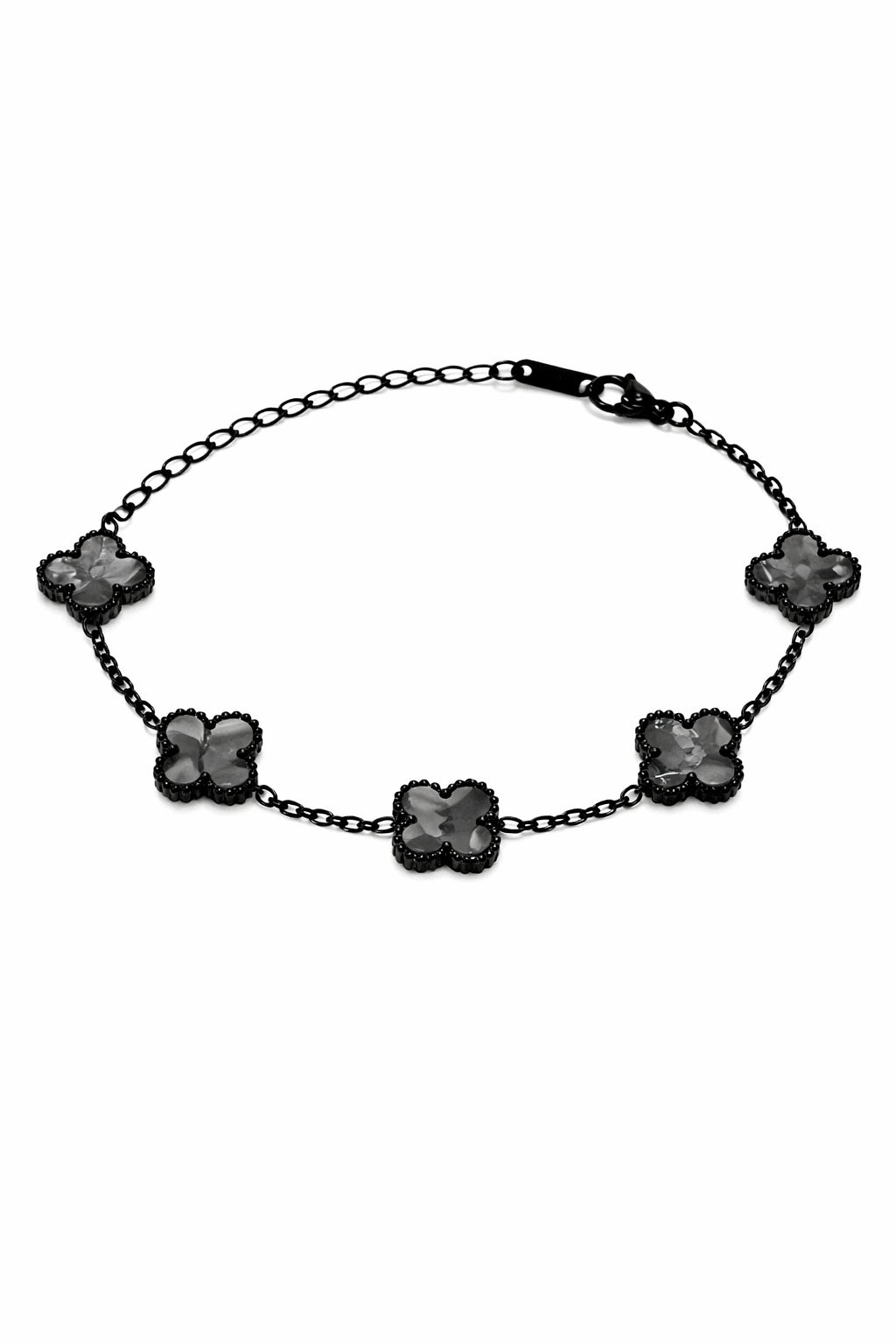 Pulsera Negra Trébol 13 mm Mármol - Blanco.