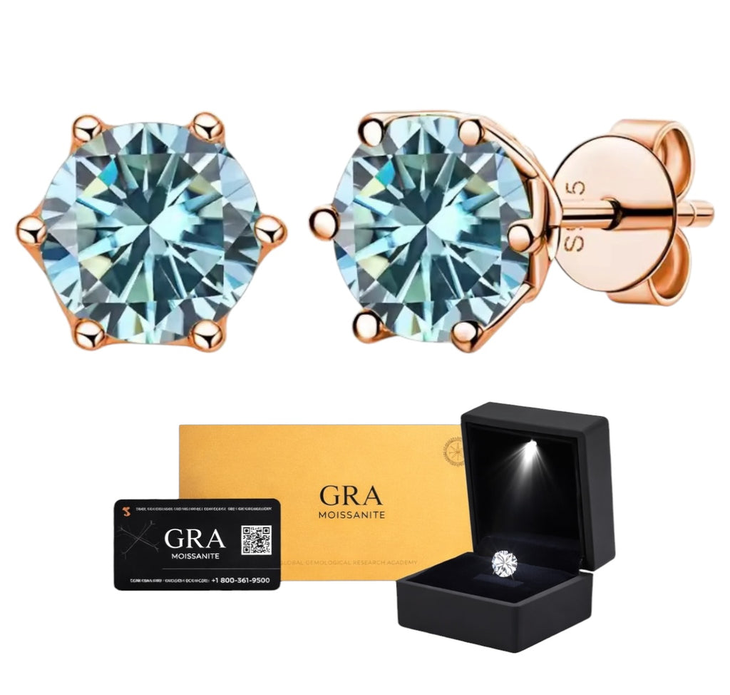 Aretes Plata .925 Baño de Oro Rosa - Moissanita Blue 0.5 ct.