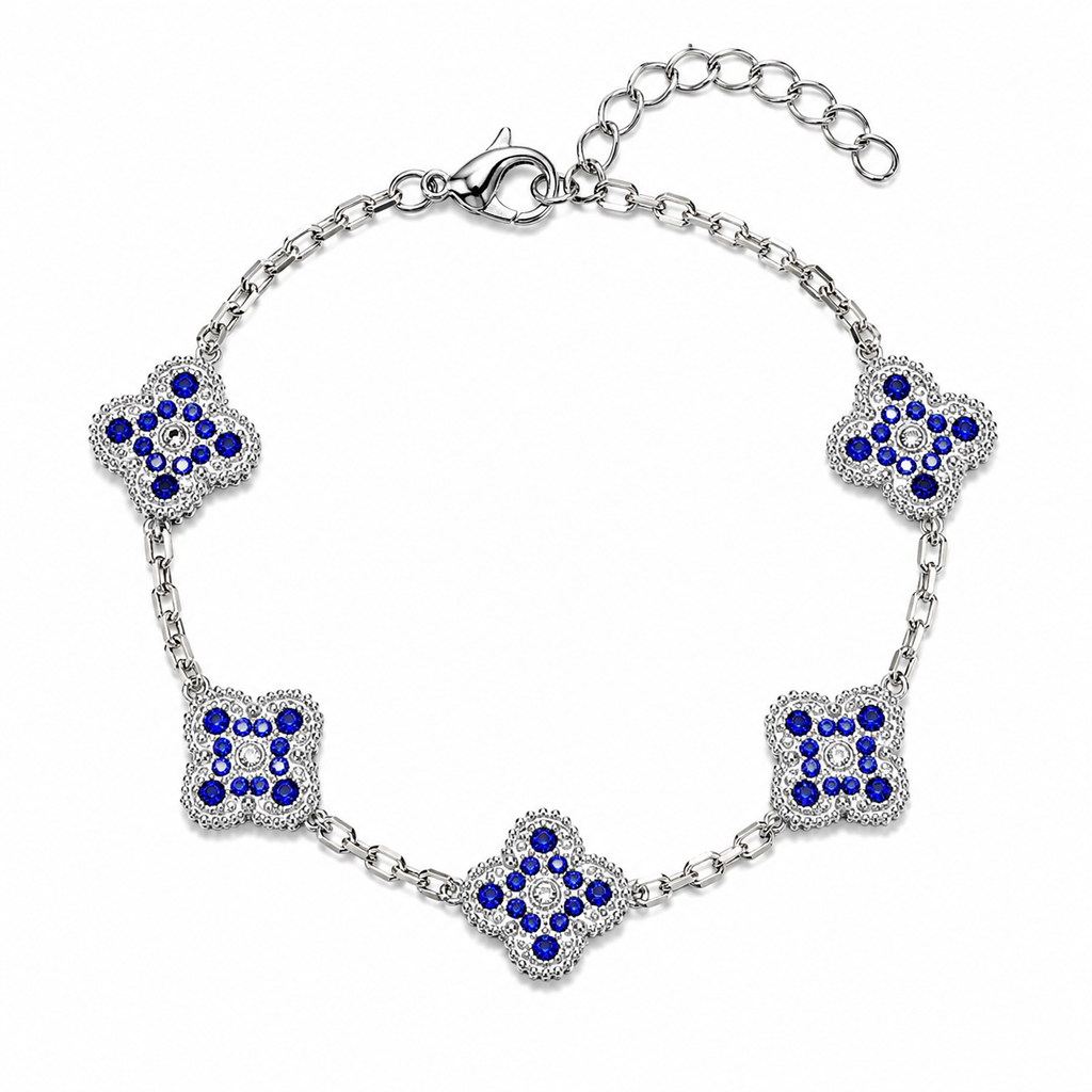 Pulsera Trébol Plateado - Zirconias Azules.