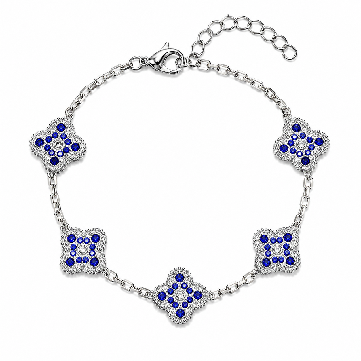 Pulsera Trébol Plateado - Zirconias Azules.
