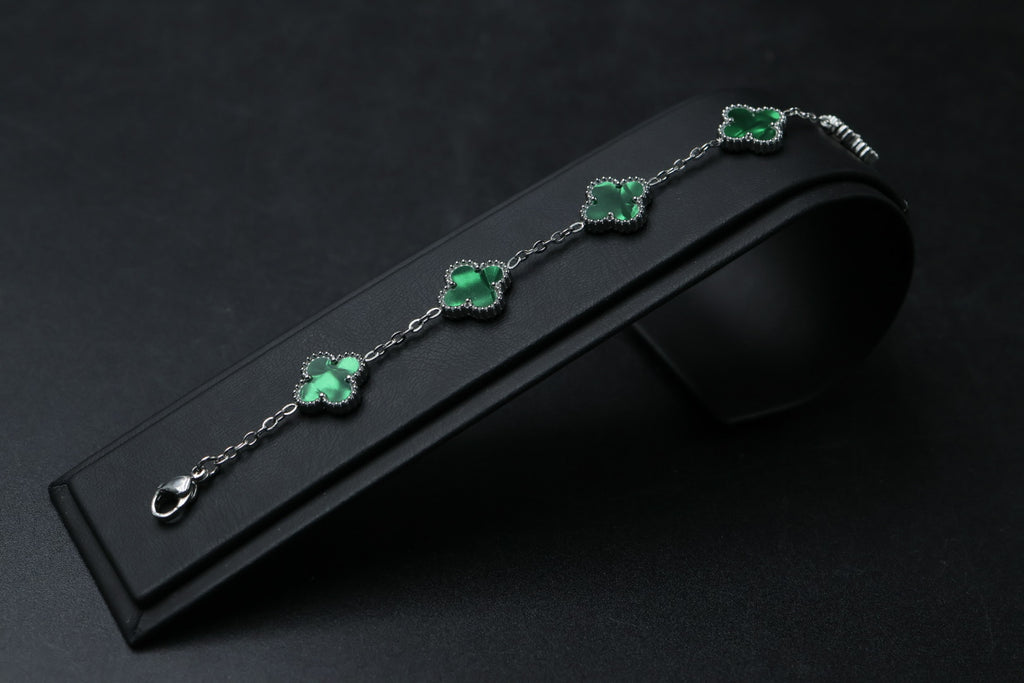 Pulsera Plateada Trébol 13 mm Mármol - Verde.