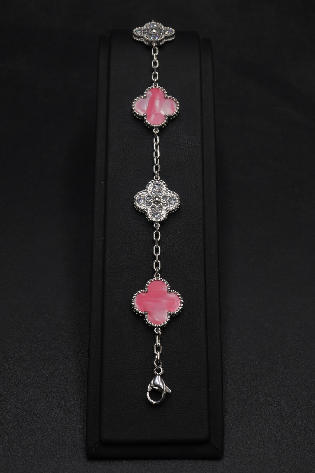 Pulsera Trébol 15 mm Mármol Rosa con Zirconias