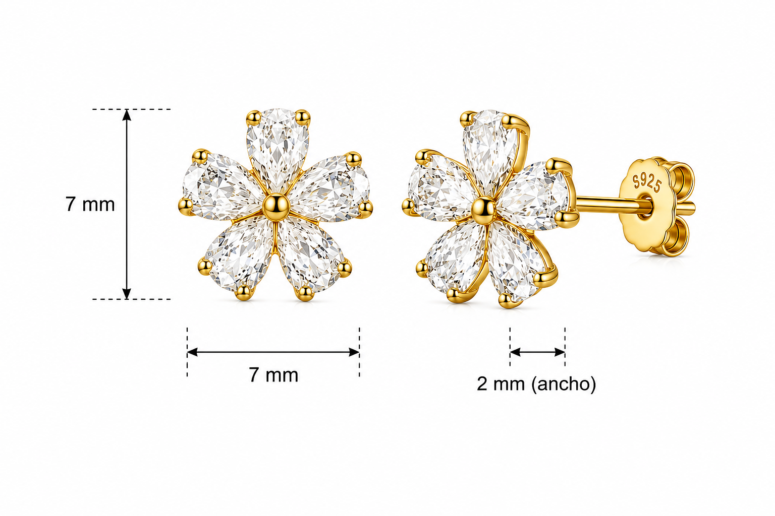 Aretes en Plata 925 Flor Gold - Moissanita.