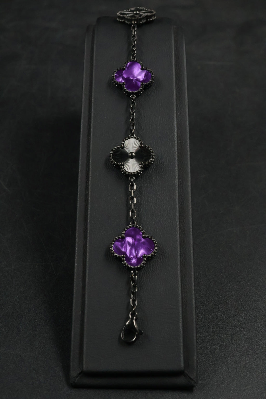 Pulsera Trébol Morado Mármol- Láser Negro.