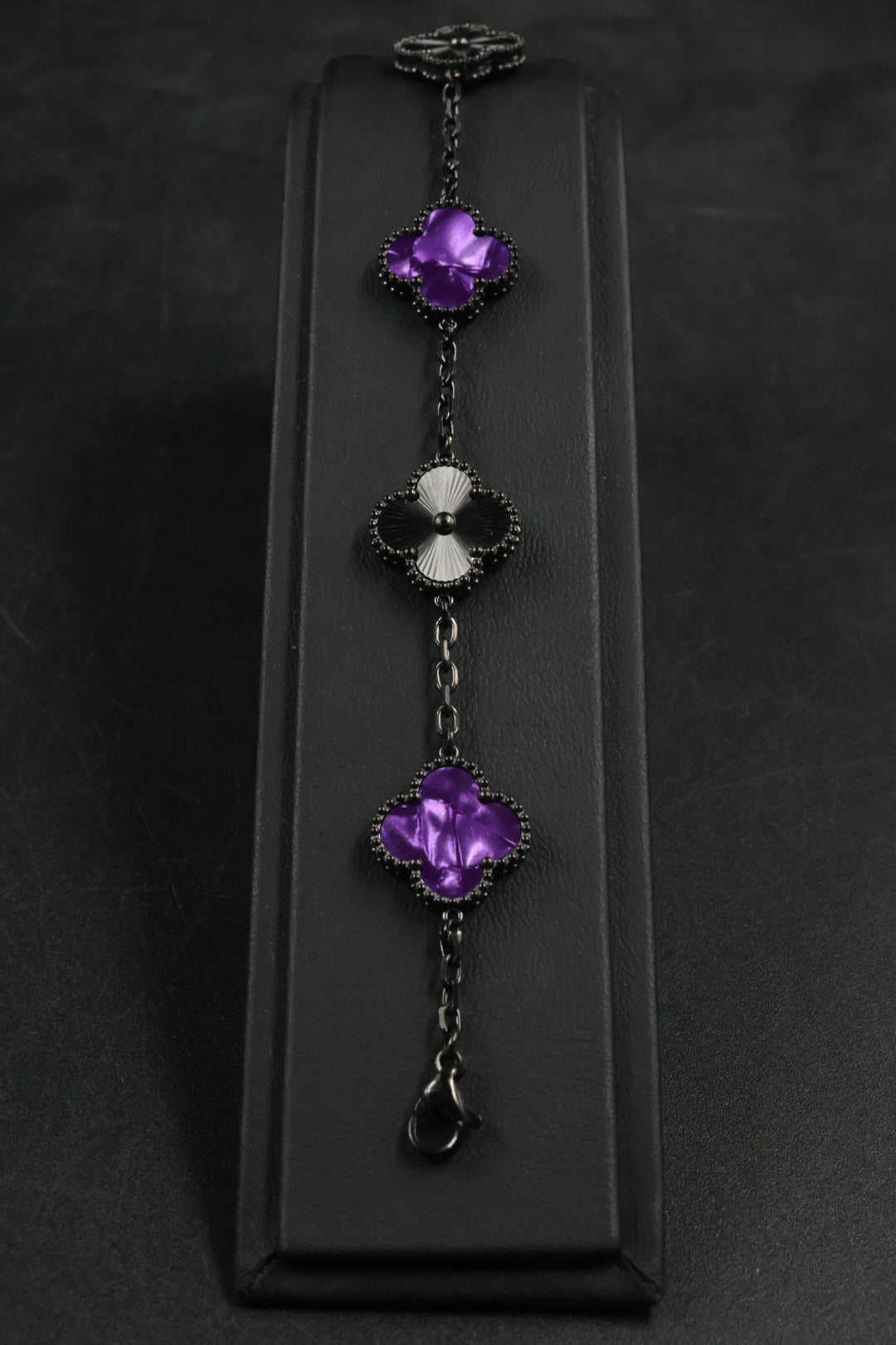 Pulsera Trébol Morado Mármol- Láser Negro.
