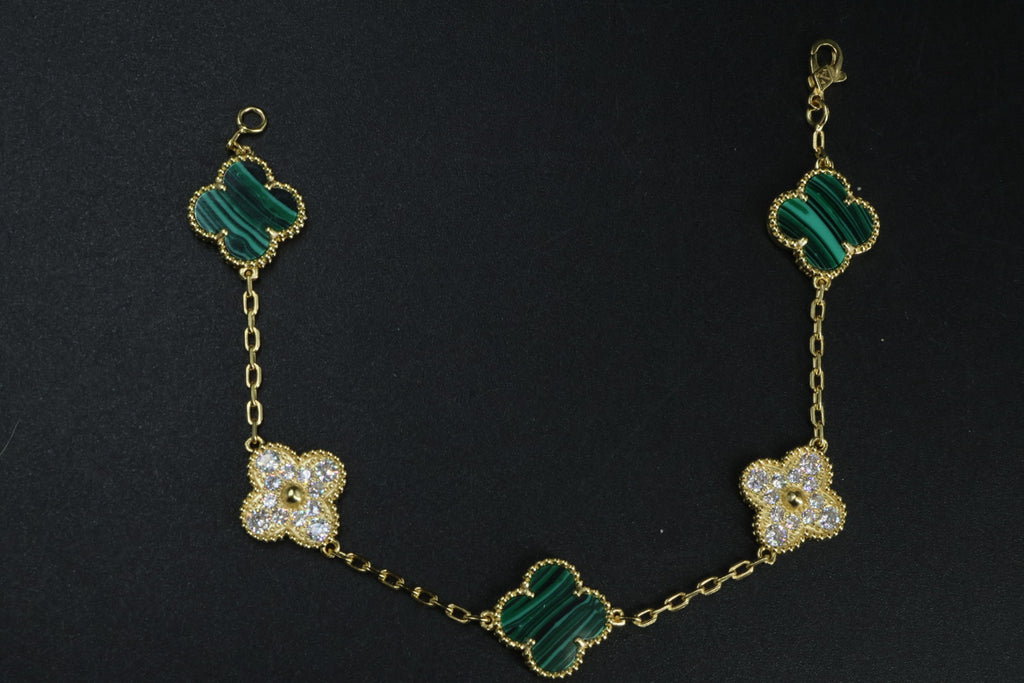 Pulsera VCA Plata .925 1:1 Vintage Alhambra, 5 Malaquita - Diamonds / Gold