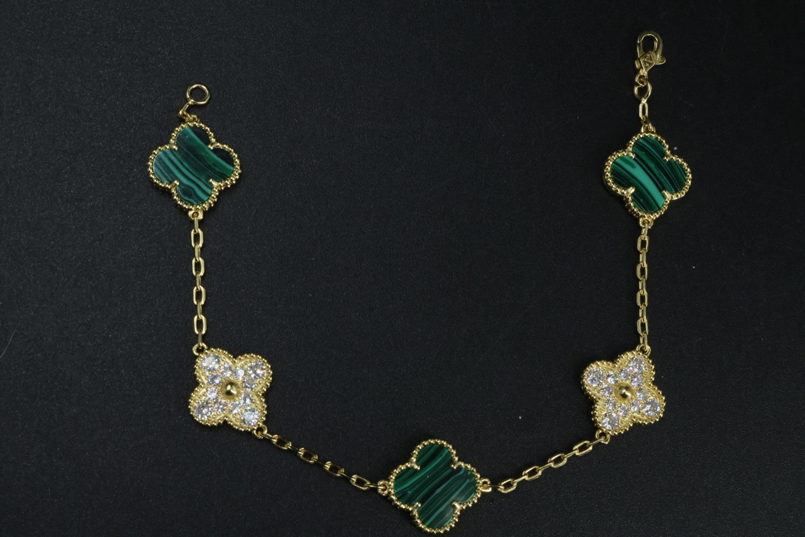 Pulsera VCA Plata .925 1:1 Vintage Alhambra, 5 Malaquita - Diamonds / Gold