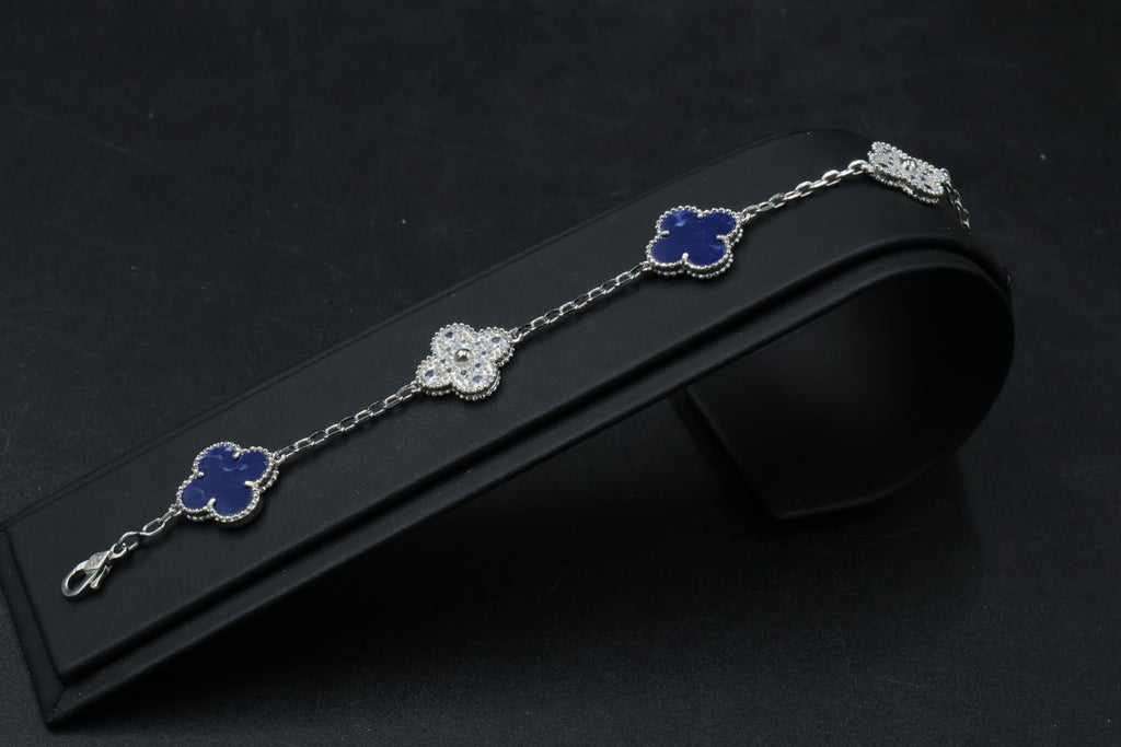 Pulsera VCA Plata .925 1:1 Vintage Alhambra, 5 Motivos Lapislázuli- Diamonds.