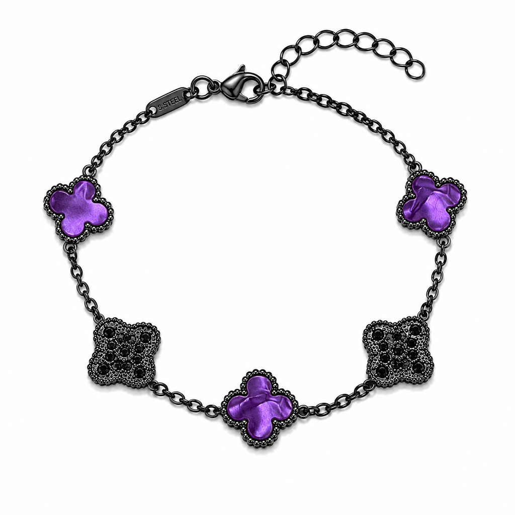 Pulsera Trébol Morado Mármol - Zirconias Negras.