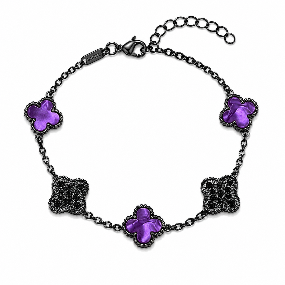 Pulsera Trébol Morado Mármol - Zirconias Negras.