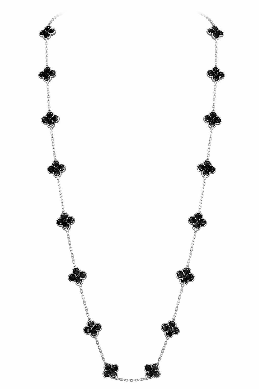 Collar Largo Trébol 13 mm Negro Marmolado. - Plateado.