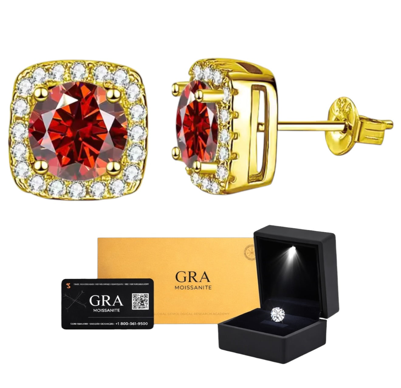 Aretes Box Plata .925 Baño de Oro - Moissanita Red 0.5 ct.