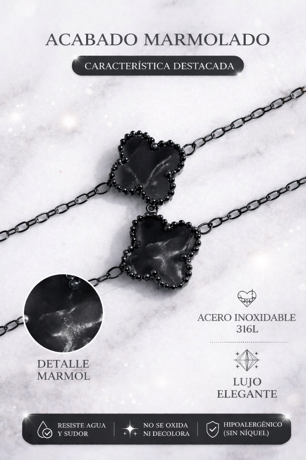 Collar Trébol 13 mm Negro Marmolado. - Negro.