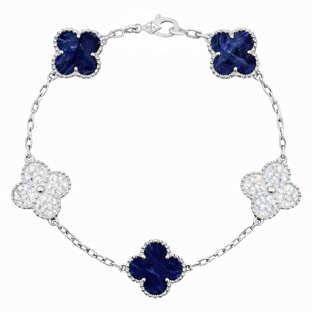 Pulsera VCA Plata .925 1:1 Vintage Alhambra, 5 Motivos Sodalita- Diamonds.