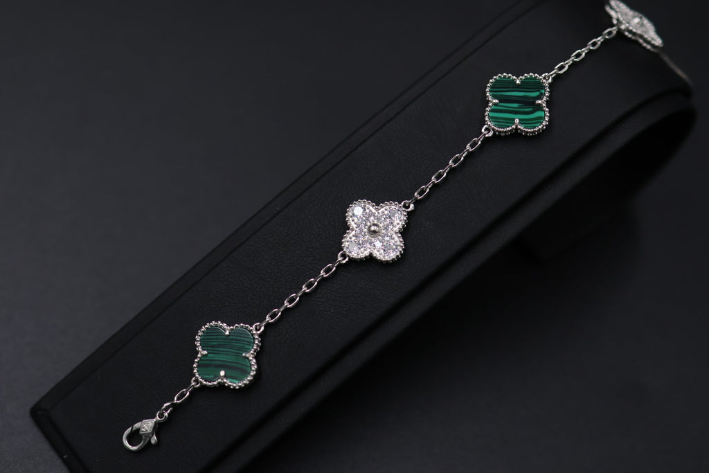 Pulsera VCA Plata .925 1:1 Vintage Alhambra, 5 Motivos Malaquita - Diamonds.