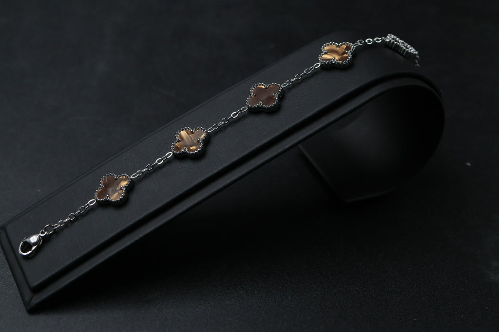Pulsera Plateada Trébol 13 mm Mármol - Café.