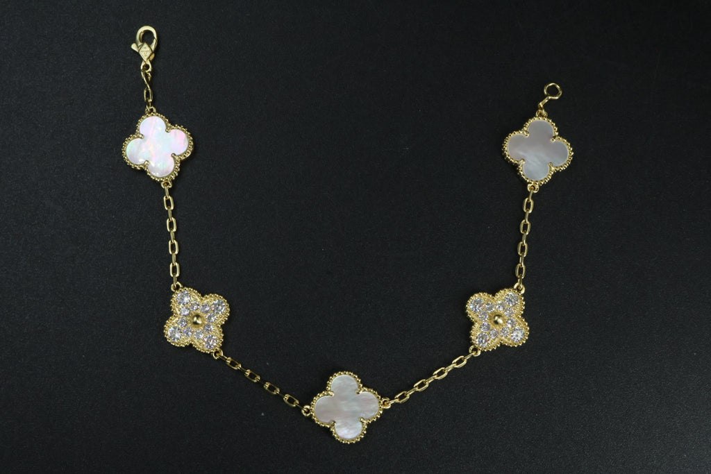 Pulsera VCA Plata .925 1:1 Vintage Alhambra, 5 Nácar- Diamonds / Gold