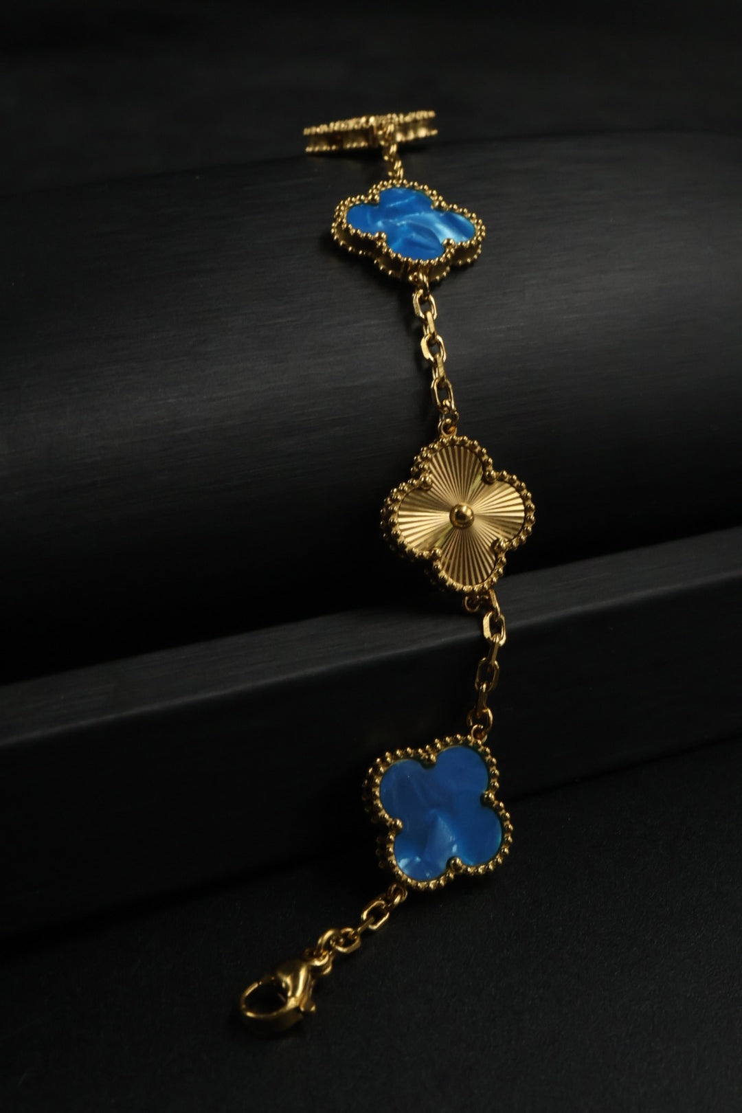 Pulsera Trébol Azul Rey Mármol- Láser Dorado.