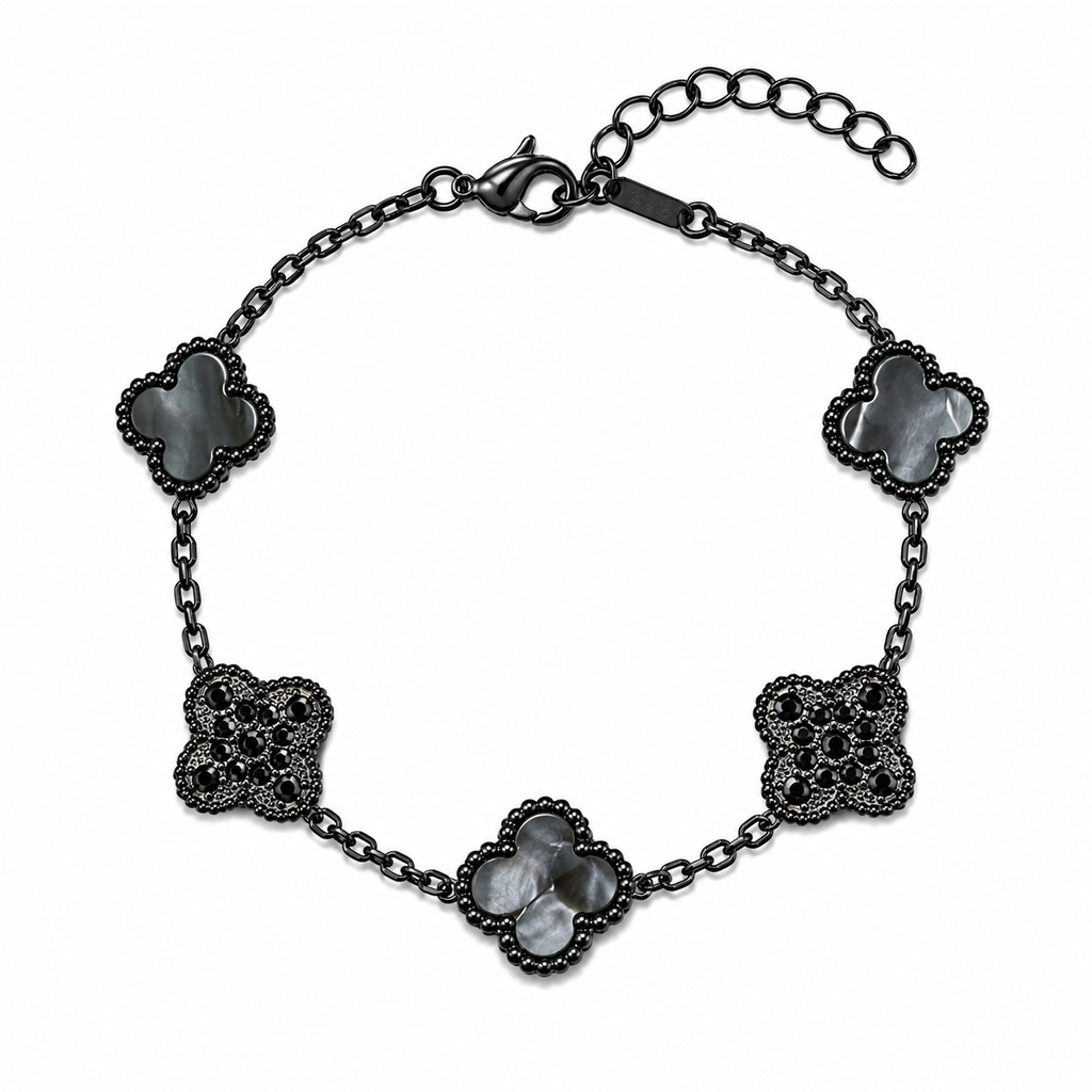 Pulsera Trébol Negro Mármol- Zirconias Negras.
