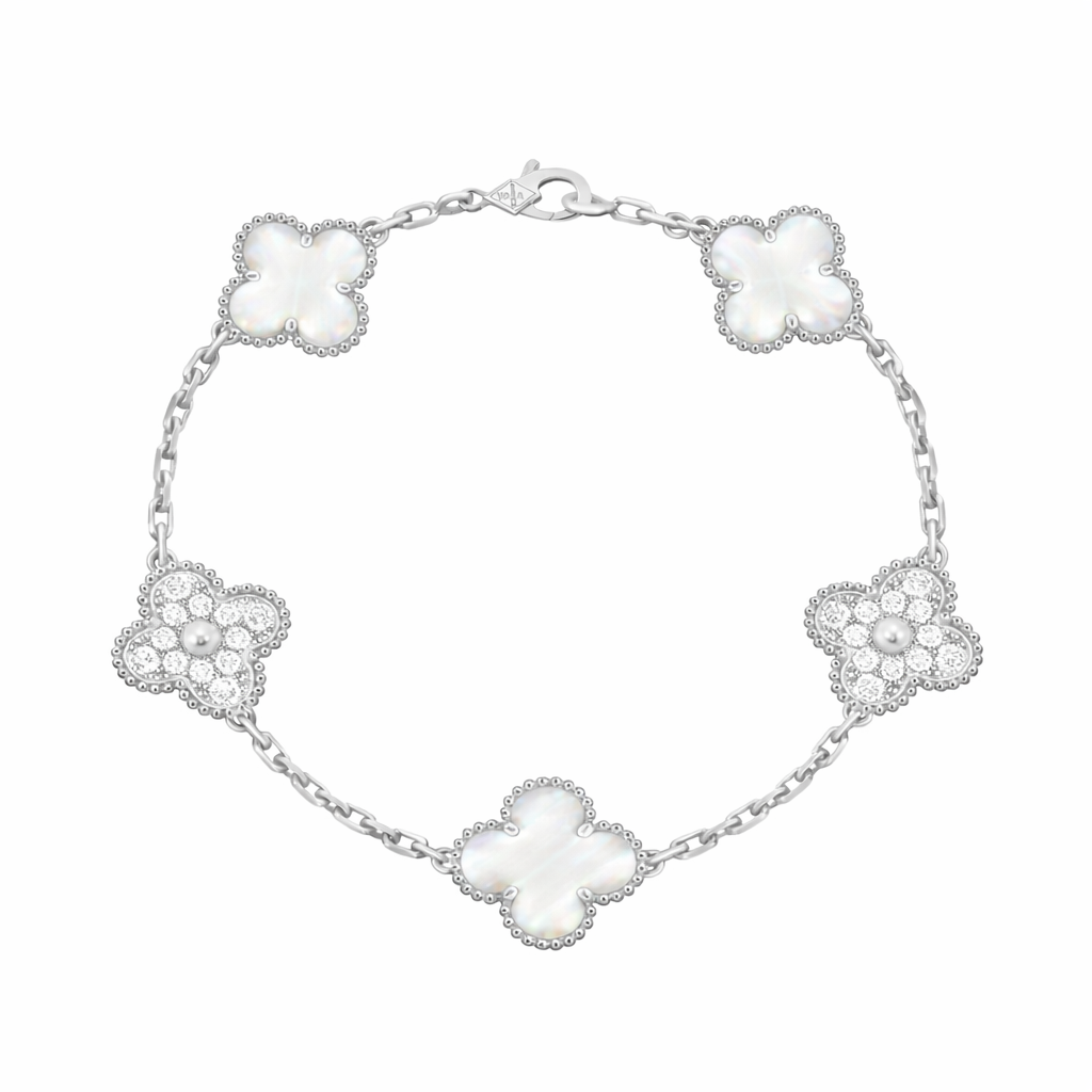 Pulsera VCA Plata .925 1:1 Vintage Alhambra, 5 Motivos Nácar- Diamonds.