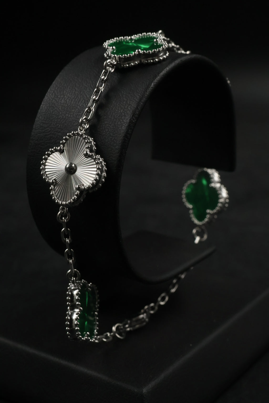 Pulsera Trébol Verde Mármol- Láser Plateado.