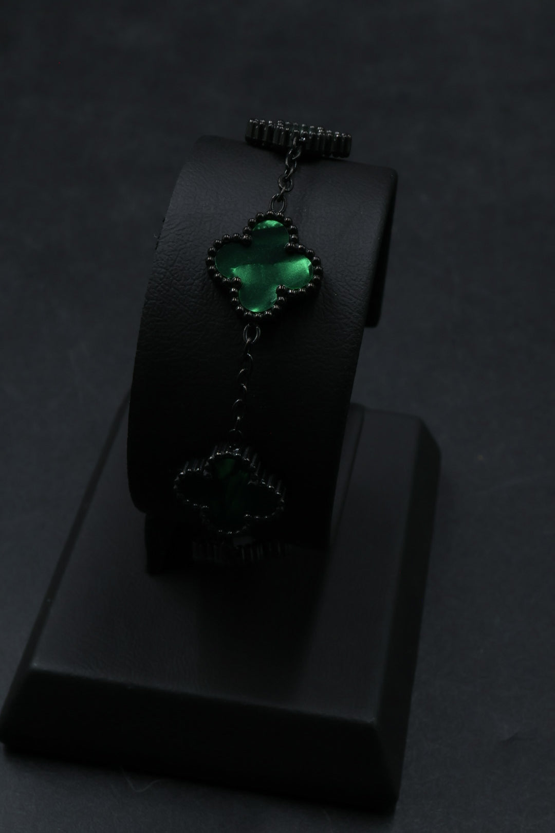 Pulsera Negra Trébol 13 mm Mármol - Verde.