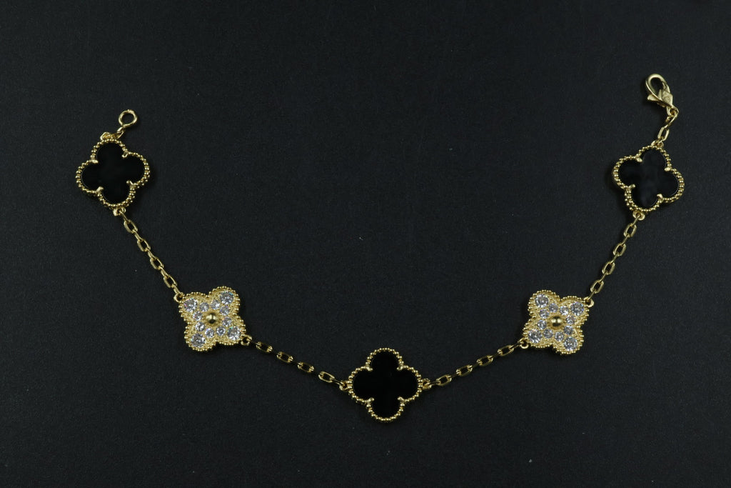 Pulsera VCA Plata .925 1:1 Vintage Alhambra, 5 Onyx - Diamonds / Gold