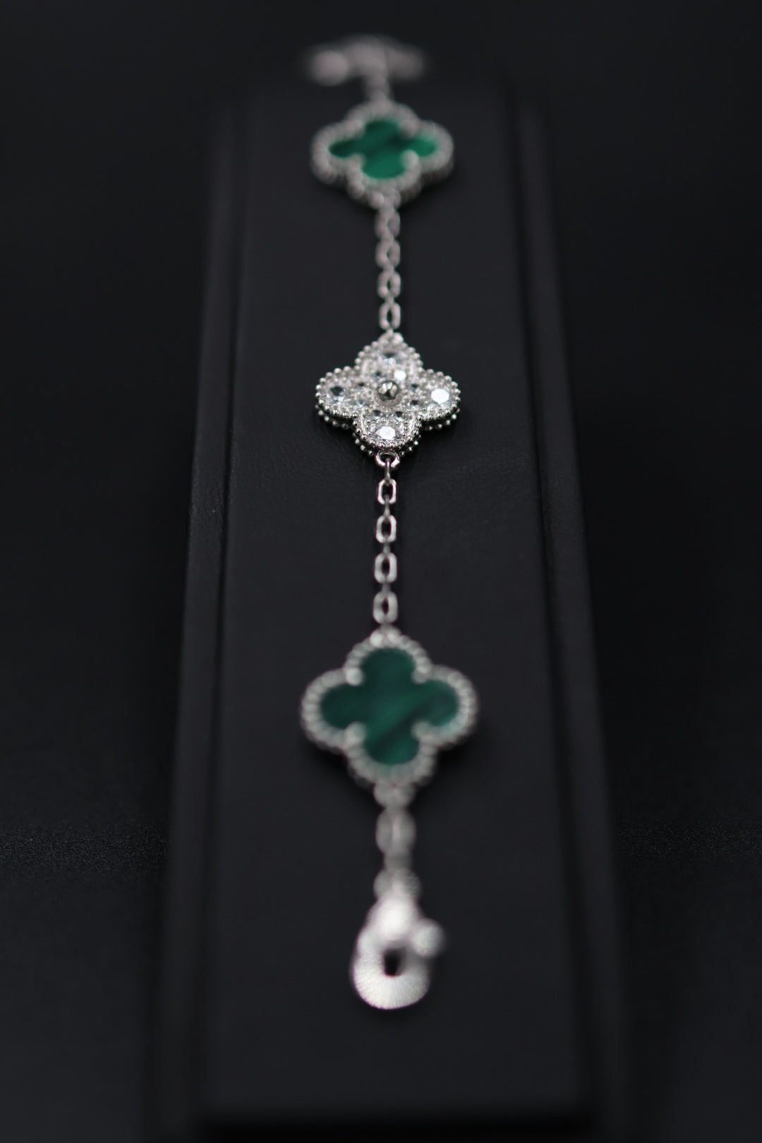 Pulsera VCA Plata .925 1:1 Vintage Alhambra, 5 Motivos Malaquita - Diamonds.