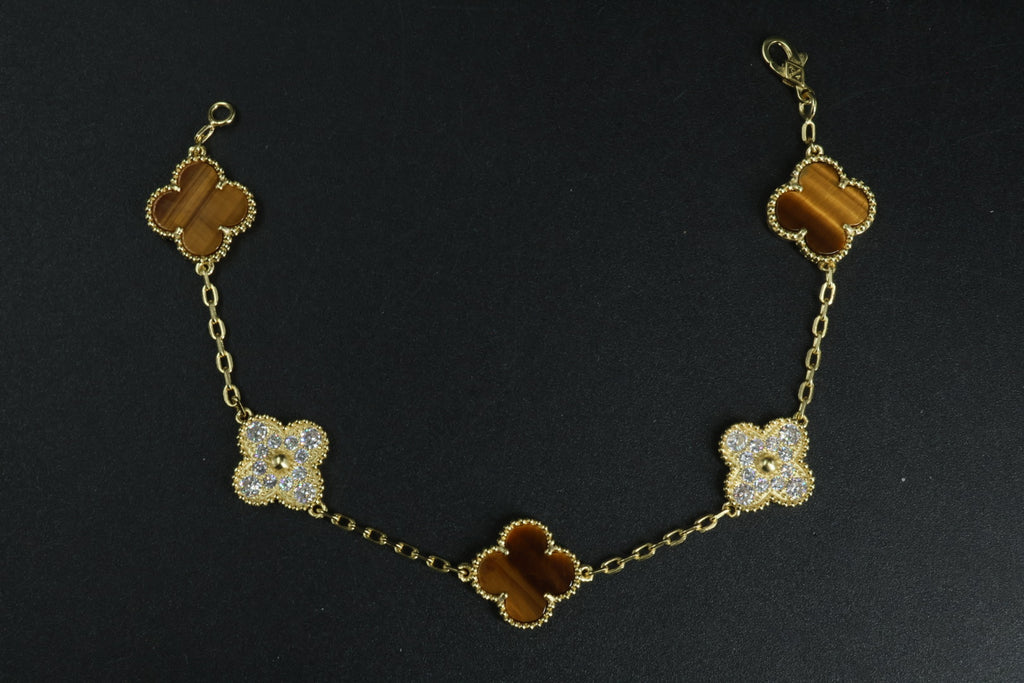 Pulsera VCA Plata .925 1:1 Vintage Alhambra, 5 Ojo de Tigre - Diamonds / Gold