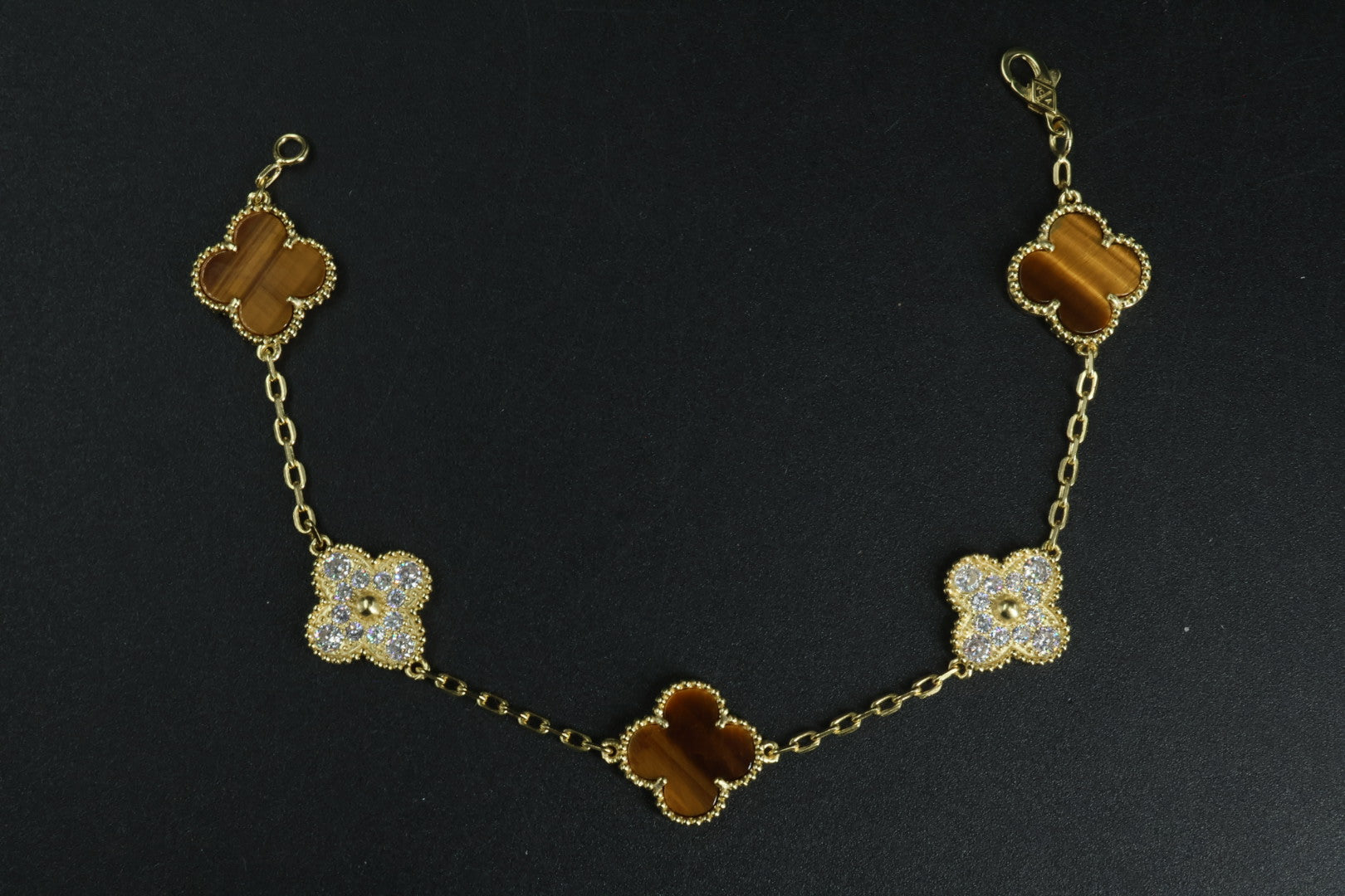 Pulsera VCA Plata .925 1:1 Vintage Alhambra, 5 Ojo de Tigre - Diamonds / Gold