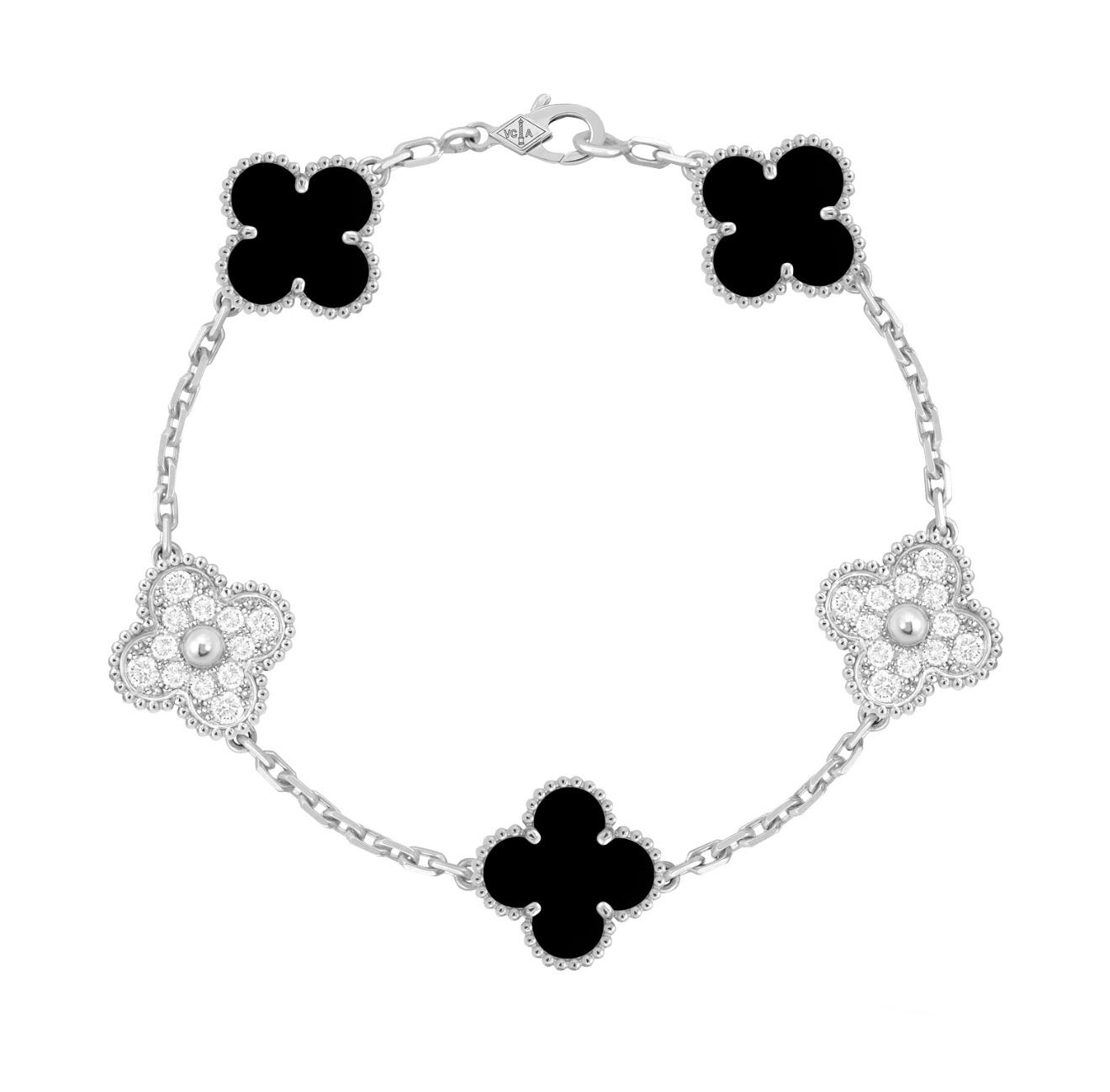 Pulsera VCA Plata .925 1:1 Vintage Alhambra, 5 Motivos Onyx - Diamonds.