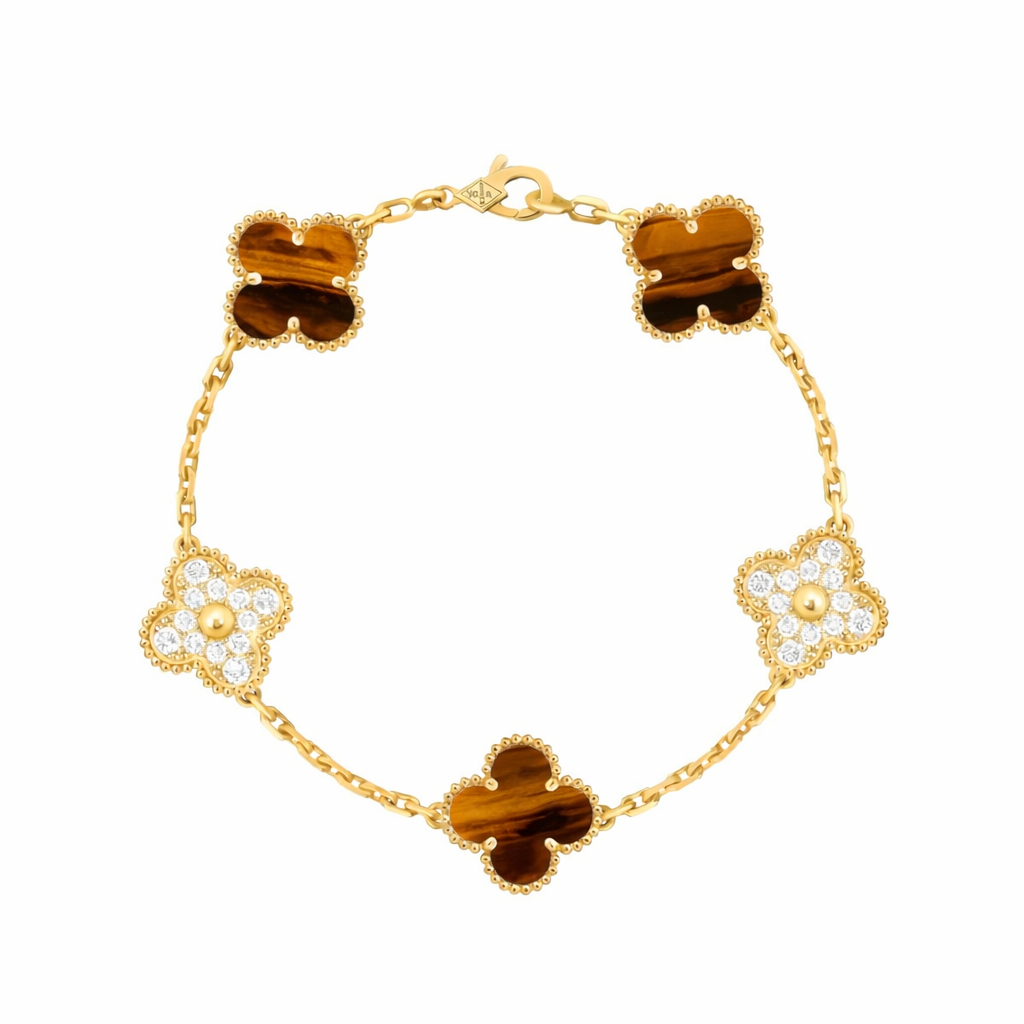 Pulsera VCA Plata .925 1:1 Vintage Alhambra, 5 Ojo de Tigre - Diamonds / Gold