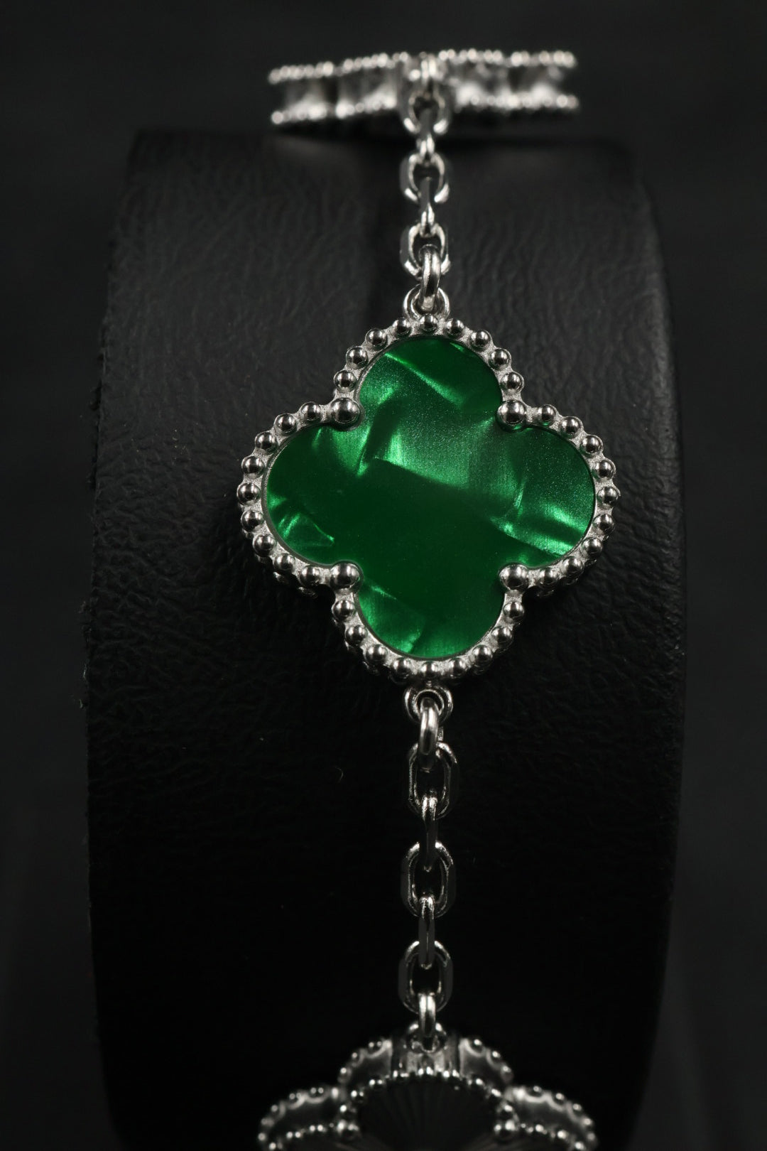 Pulsera Trébol Verde Mármol- Láser Plateado.