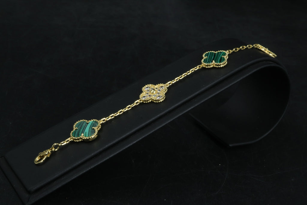 Pulsera VCA Plata .925 1:1 Vintage Alhambra, 5 Malaquita - Diamonds / Gold