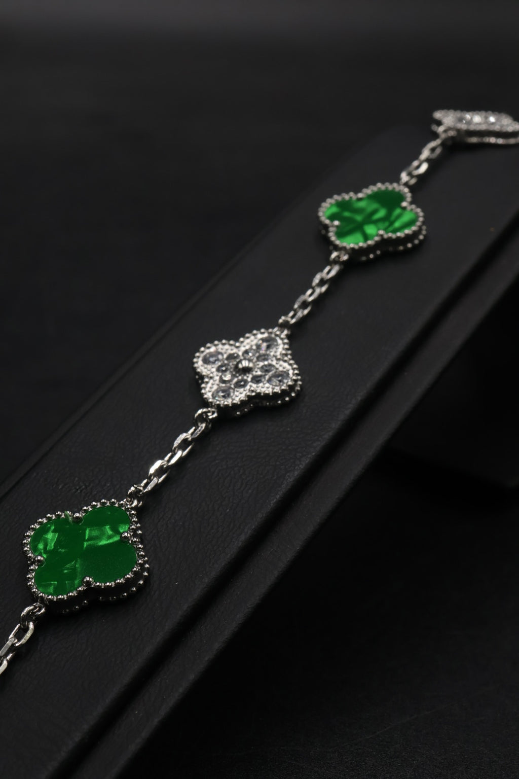 Pulsera Trébol 15 mm Mármol Verde con Zirconias
